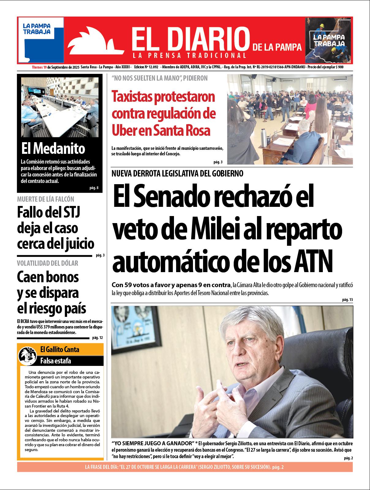 Tapa de El Diario en papel  viernes 19 de septiembre de 2025